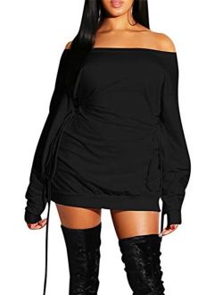 GOKATOSAU Women's Sexy Casual Off Shoulder Long Sleeve Lace Up Loose Club Mini Dress