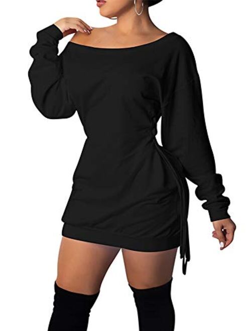 GOKATOSAU Women's Sexy Casual Off Shoulder Long Sleeve Lace Up Loose Club Mini Dress