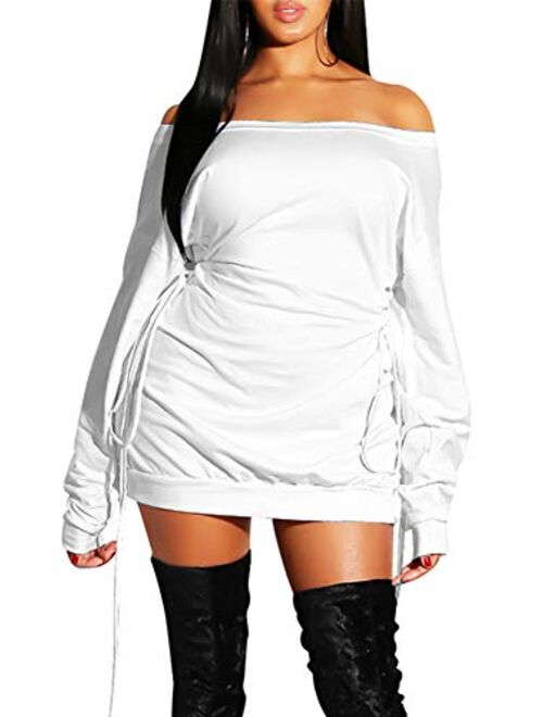 GOKATOSAU Women's Sexy Casual Off Shoulder Long Sleeve Lace Up Loose Club Mini Dress