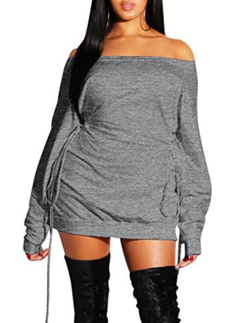 GOKATOSAU Women's Sexy Casual Off Shoulder Long Sleeve Lace Up Loose Club Mini Dress