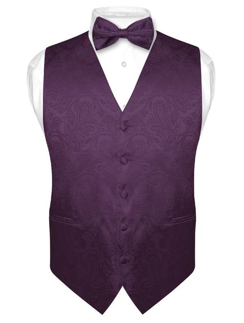 Men's Paisley Design Dress Vest & Bow Tie Dark Purple Color Bowtie Set