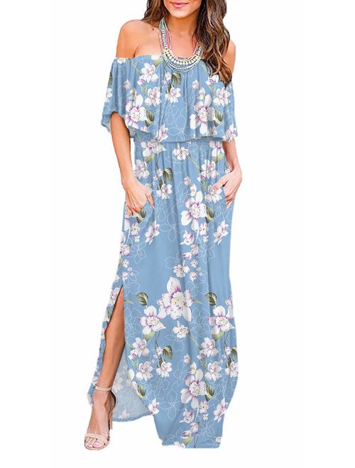 LILBETTER Floral Off The Shoulder Ruffle Party Dresses Side Slit Beach Maxi Dress