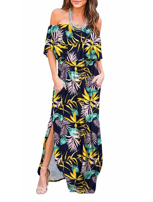 LILBETTER Floral Off The Shoulder Ruffle Party Dresses Side Slit Beach Maxi Dress