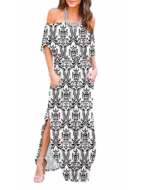 LILBETTER Floral Off The Shoulder Ruffle Party Dresses Side Slit Beach Maxi Dress