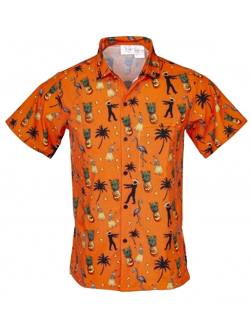 Funny Guy Mugs Men's Seasonal Hawaiian Print Button Down Short Sleeve Halloween Shirt