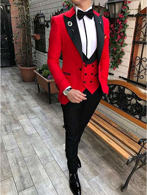 Sxfashbrd Men's Suits Slim Fit Jacket Blazer Vest Pants 3 Piece Sets Notch Lapel Modern African Tuxedos Groomsmen Dress