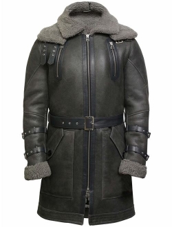 BRANDSLOCK Mens Genuine Shearling Sheepskin Leather Warm Duffle Trench Coat