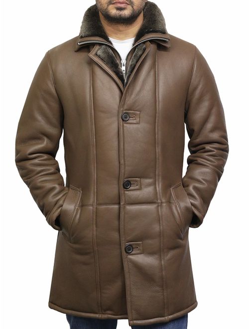 BRANDSLOCK Mens Genuine Shearling Sheepskin Leather Warm Duffle Trench Coat