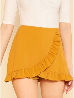 Solid Ruffle Hem Wrap Skort