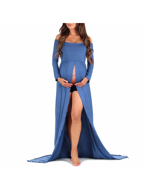 Mother Bee Maternity | Navy Off-Shoulder Maternity Gown