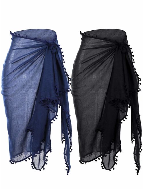 2 Pieces Women Beach Batik Long Sarong Swimsuit Cover up Wrap Pareo with Tassel for Women Girls