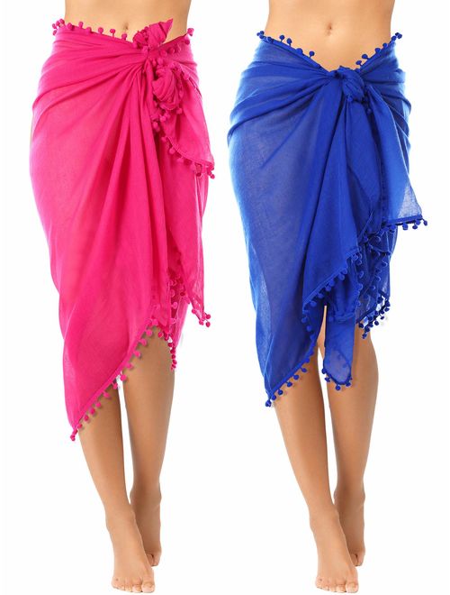 2 Pieces Women Beach Batik Long Sarong Swimsuit Cover up Wrap Pareo with Tassel for Women Girls