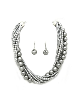 Fashion 21 Women's Twisted Multi-Strand Simulated Pearl, Acrylic Ball Statement Necklace and Earrings Set