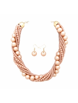 Fashion 21 Women's Twisted Multi-Strand Simulated Pearl, Acrylic Ball Statement Necklace and Earrings Set