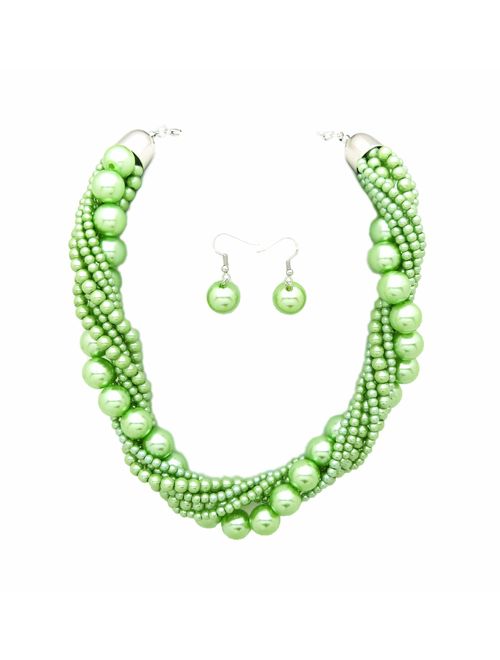 Fashion 21 Women's Twisted Multi-Strand Simulated Pearl, Acrylic Ball Statement Necklace and Earrings Set