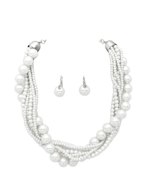 Fashion 21 Women's Twisted Multi-Strand Simulated Pearl, Acrylic Ball Statement Necklace and Earrings Set