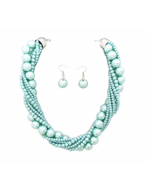 Fashion 21 Women's Twisted Multi-Strand Simulated Pearl, Acrylic Ball Statement Necklace and Earrings Set