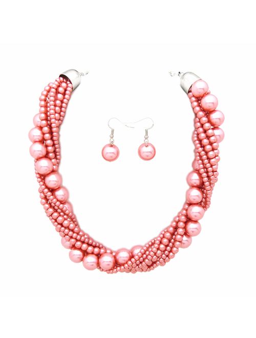 Fashion 21 Women's Twisted Multi-Strand Simulated Pearl, Acrylic Ball Statement Necklace and Earrings Set