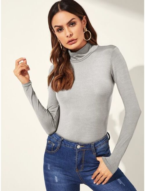 Shein Solid Mock-neck Form Fitting Tee