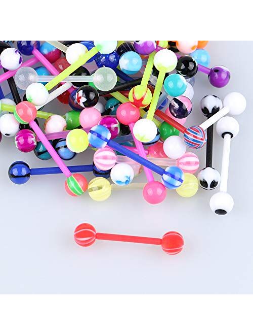 CrazyPiercing 100Pcs 14G Acrylic Tongue Rings, Multi Color Assortment Flexible Tongue Rings Barbells Mix Piercing