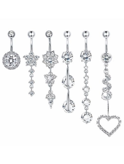 FIBO STEEL 9-10 Pcs Dangle Belly Button Rings for Women 316L Surgical Steel Curved Navel Barbell Body Jewelry Piercing