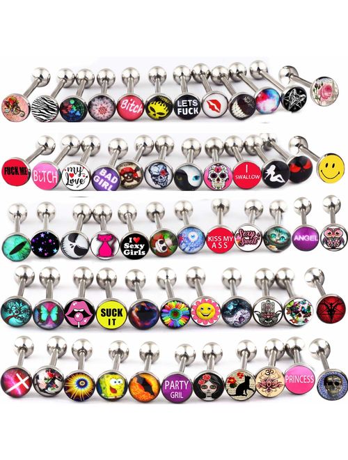 FanPei 30-50PCS Tongue Ring Logo Barbell 14 Gauge Body Piercing Jewelry Lot