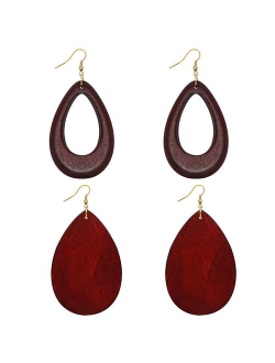 Wowanoo Wood Earrings Natural Wooden Teardrop Earrings Geometric Lightweight Drop Earrings for Women