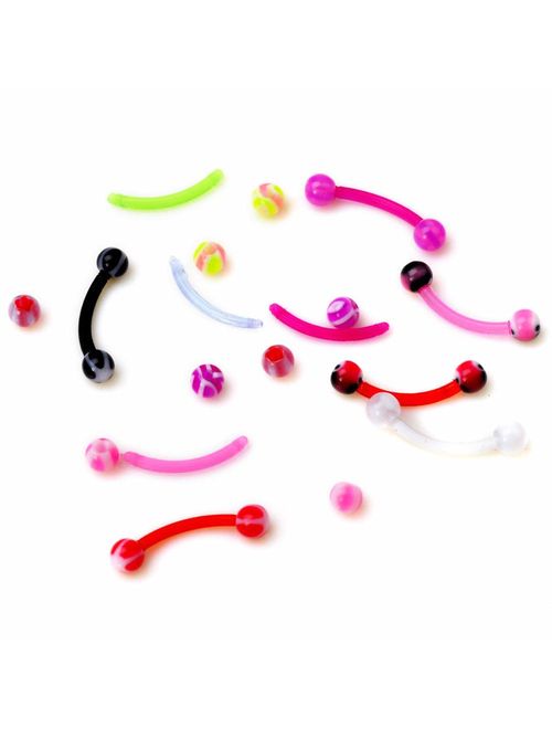 CrazyPiercing Colorful Acrylic Ball Stainless Steel Curved Bar Eyebrow Rings Tragus Piercing, 50Pcs, 16G