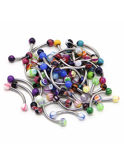 CrazyPiercing Colorful Acrylic Ball Stainless Steel Curved Bar Eyebrow Rings Tragus Piercing, 50Pcs, 16G