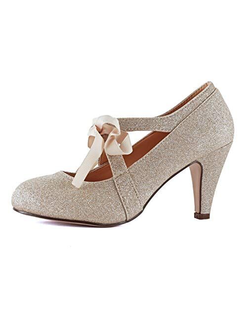 Guilty Heart Womens Mary Jane Mid Kitten Heel Pumps - Comfortable Chunky Heel with Ankle Strap