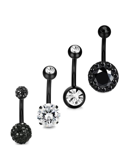 JOERICA 4PCS Stainless Steel Belly Button Rings Navel Body Jewelry Belly Piercing CZ Inlaid