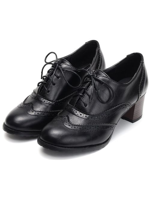 Odema Womens PU Leather Oxfords Brogue Wingtip Lace up Chunky High Heel Shoes Dress Pumps Oxfords