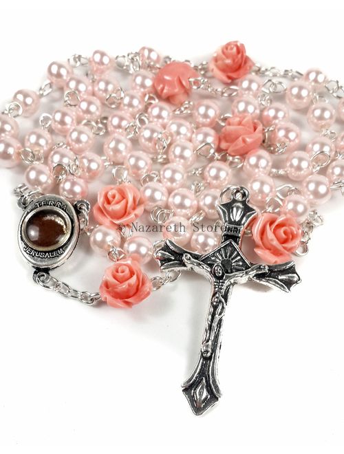 Nazareth Store Catholic Pink Pearl Beads Rosary Necklace 6pcs Our Rose Holy Soil Medal & Cross