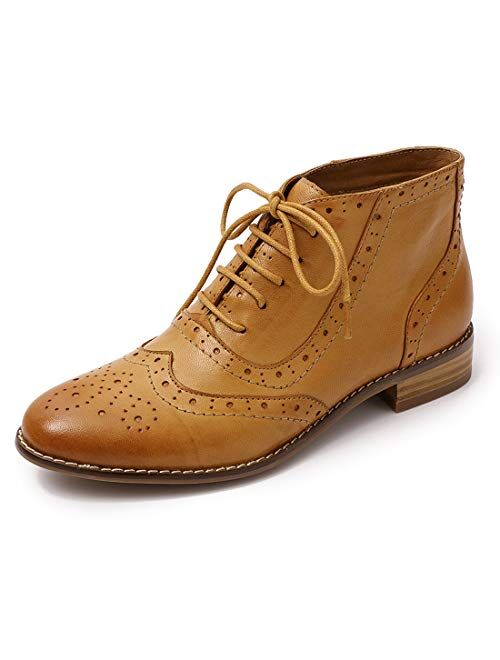 Mona flying Women's Leather Perforated Lace-up Oxfords Brogue Wingtip Derby Saddle Shoes for Girls ladis Women