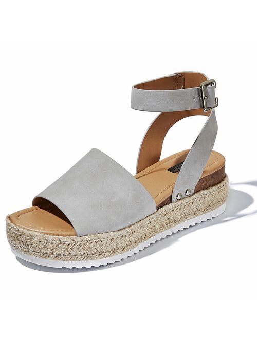 DailyShoes Women's Casual Espadrilles Trim Rubber Sole Flatform Studded Wedge Buckle Ankle Strap Open Toe Sandals