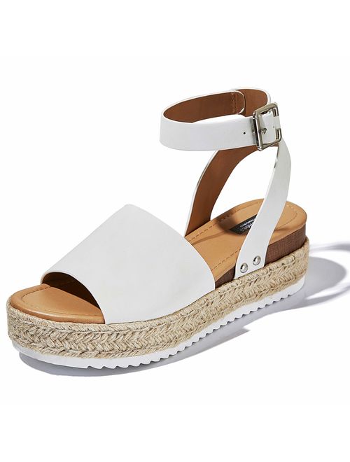 DailyShoes Women's Casual Espadrilles Trim Rubber Sole Flatform Studded Wedge Buckle Ankle Strap Open Toe Sandals