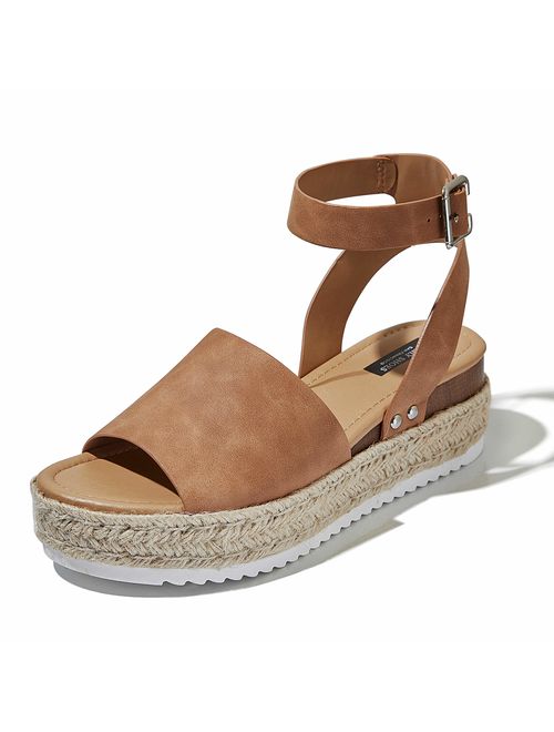 DailyShoes Women's Casual Espadrilles Trim Rubber Sole Flatform Studded Wedge Buckle Ankle Strap Open Toe Sandals