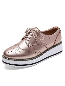 YING LAN Women's Platform Lace-Up Wingtips Square Toe Oxfords Shoe