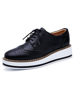 YING LAN Women's Platform Lace-Up Wingtips Square Toe Oxfords Shoe