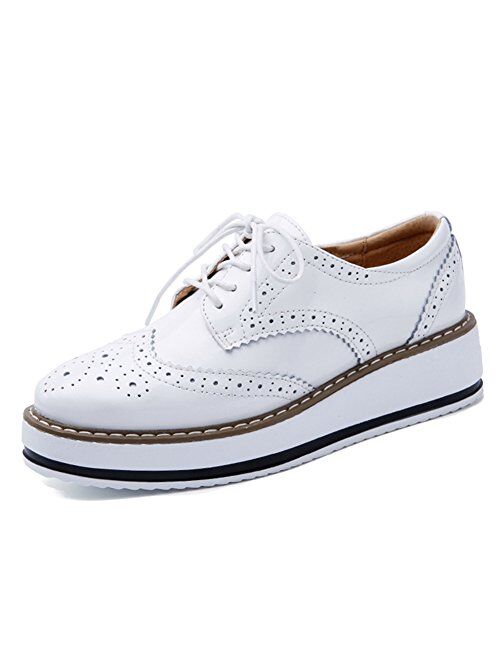 YING LAN Women's Platform Lace-Up Wingtips Square Toe Oxfords Shoe