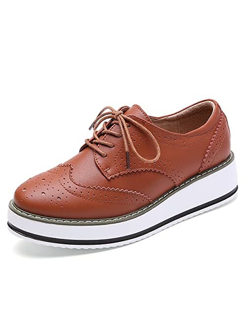 YING LAN Women's Platform Lace-Up Wingtips Square Toe Oxfords Shoe