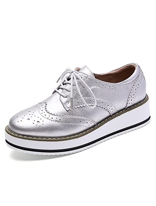 YING LAN Women's Platform Lace-Up Wingtips Square Toe Oxfords Shoe