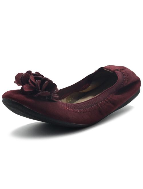 Ollio Women's Shoes Faux Suede Decorative Flower Slip On Comfort Light Ballet Flat