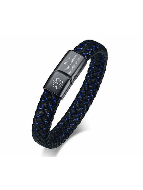 VNOX Blue Braided Leather Medical Symbol Caduceus with Magnetic Clasp Cuff Wristband Bracelet,8.0/9.0