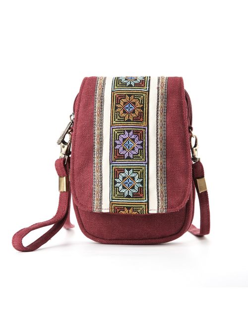 Goodhan Embroidery Canvas Crossbody Bag Cell phone Pouch Coin Purse for Women