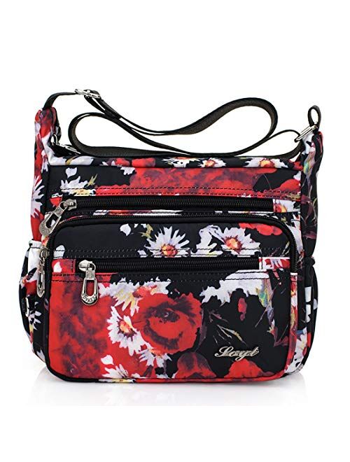 Womens Nylon Floral Shoulder Bag Crossbody Bag Messenger Bags Travel Handbags With Adjustable Strap Waterproof