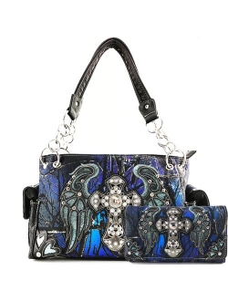 Justin West Camouflage Tree Branches Bling Rhinestone Cross Wings Handbag Purse Messenger Bags and Wallets