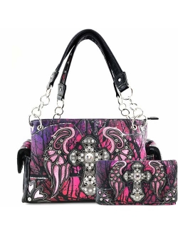 Justin West Camouflage Tree Branches Bling Rhinestone Cross Wings Handbag Purse Messenger Bags and Wallets