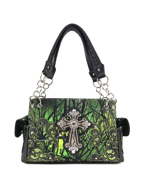 Justin West Camouflage Tree Branches Bling Rhinestone Cross Wings Handbag Purse Messenger Bags and Wallets