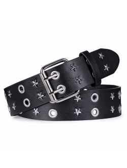 WERFORU Double Grommet Belt PU Leather Punk Belt for Women Jeans 2 Hole Belts for Coachella Belt 1.5 Wide